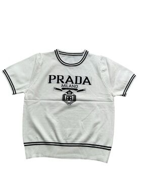 Prada White Knit Tee with Black Logo Trim